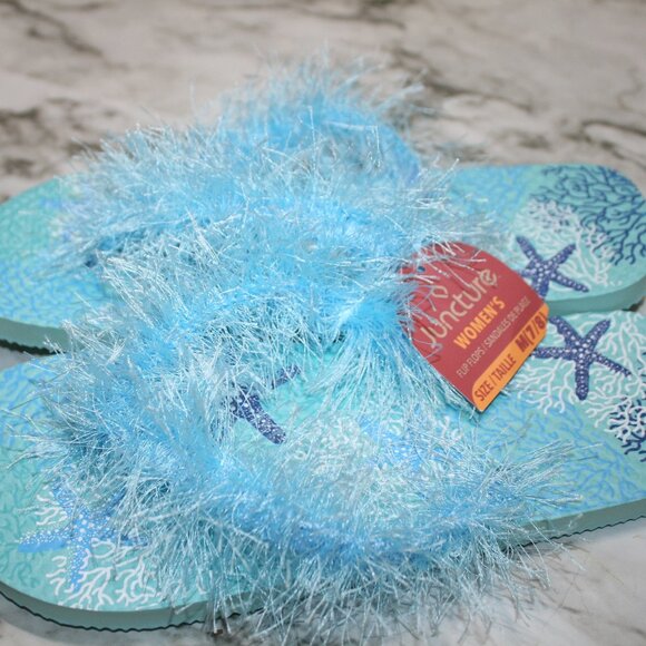 HAND CRAFTED Flip Flop Padded Thong Crochet Faux Fur Eyelash Turquoise Shoes - Picture 2 of 11